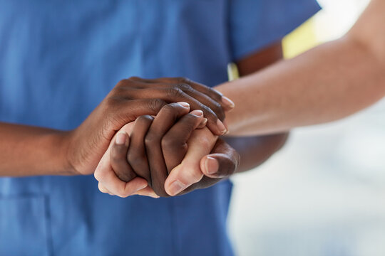 Hands, Patient And Nurse For Healthcare In A Hospital For Support, Trust And Care. Medical Doctor, Caregiver Or Therapist Helping And Talking To Person For Hope, Communication And Empathy Or Comfort