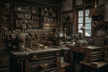 Fototapeta na wymiar Antique print-making shop with old iron press. Generative AI