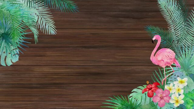 ハイビスカスやプルメリアやヤシの葉、フラミンゴ等トロピカルなモチーフの背景が木目の水彩画イラストのオープニング動画
