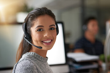 Call center, smile and portrait of woman at computer for customer service, help desk and consulting. Happy, mockup and ecommerce with employee in office for contact us, telemarketing and receptionist