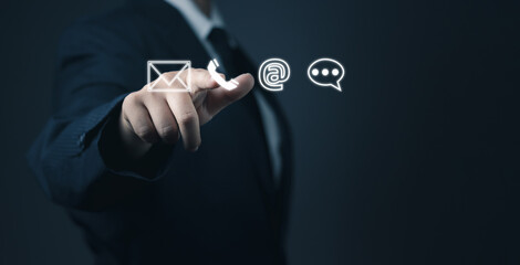 CONTACT US, Hand of Businessman touching virtual screen contact (email, address, live chat, internet wifi) icon. Contact us or Customer support hotline people connect. Cutomer support concept.