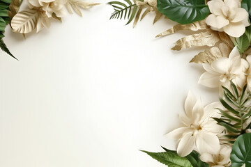 Tropical border with flowers and leaves on a white background , wedding backgrounds, copy space, beige and gold, gold and green, tropical border, flowers and leaves, white background