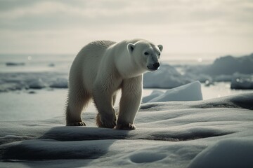 Obraz na płótnie Canvas Curious polar bear cub explores icy landscape w/ distant icebergs. Generative AI