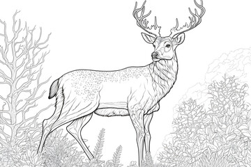 Deer in the wild. Coloring page created with generative AI technology.