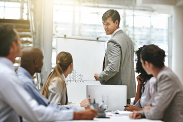 Businessman, presentation and team training workshop or corporate, coach and consultant speaking on growth of company. Manager, seminar and whiteboard strategy for sales and professional target