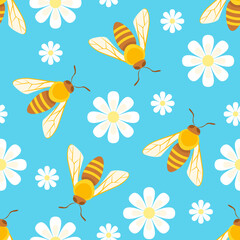 Fototapeta na wymiar Honey bees and white daisy flowers on blue background. Vector floral seamless pattern. Cartoon flat illustration.