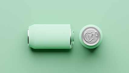 Green aluminum soda can mockup, Metal can of 3d realistic container for beer or energy drink, 3d rendering in a green background