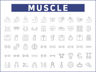Simple Set of muscle Related Vector Line Icons. Vector collection of fitness, flexing, working out, gym, dumbbell, weight, scale, ball, healthy, measure and design elements symbols or logo element.