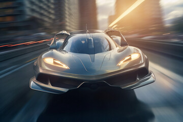 Sports flying car hovering over landscape. Vertical landing flying taxi vehicle for travel. Electric VTOL car transport. Ai generated art