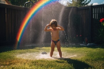 Obraz na płótnie Canvas Joyful Child Under a Rainbow Sprinkler - AI Generated