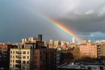 Rainbow Emerging in Urban Cityscape After Storm - AI Generated