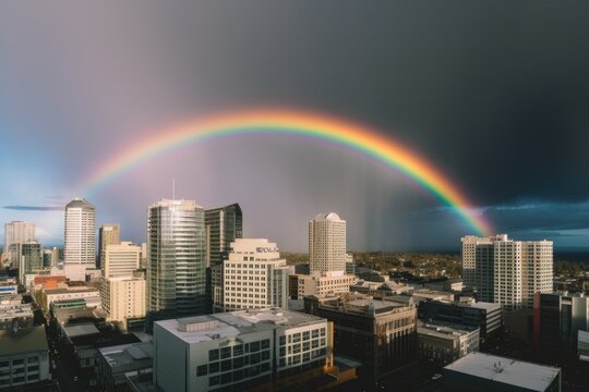 Rainbow Emerging in Urban Cityscape After Storm - AI Generated