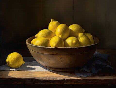 Classic Still Life with Yellow Lemons - AI Generated