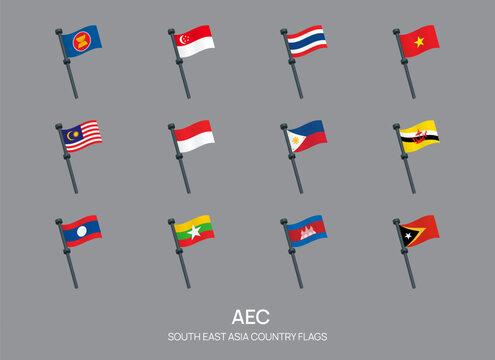 Southeast Asia countries flags set and AEC members, vector design element illustration.
