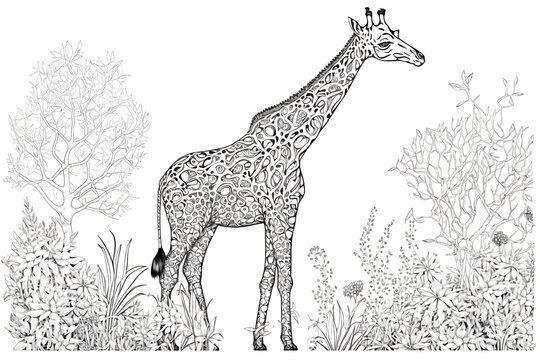 Giraffe. Black and white coloring page created with generative AI technology.