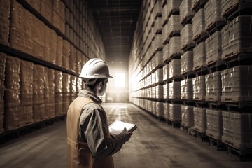Fototapeta na wymiar Man in hard hat standing in empty warehouse with clipboard. Generative ai