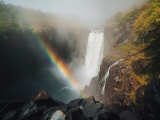 Rainbow Forming in the Mist of a Powerful Waterfall - AI Generated