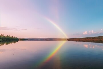 Fototapeta na wymiar Sunrise Rainbow Reflecting on Calm Lake - AI Generated