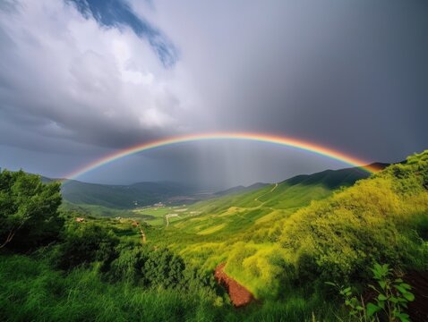 Vibrant Rainbow Over Lush Green Valley - AI Generated
