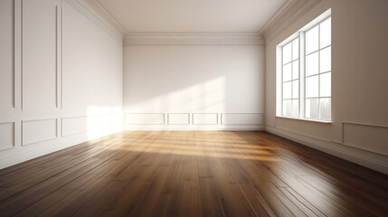 Fototapeta na wymiar Empty room with white wall and wooden floor. Generative AI