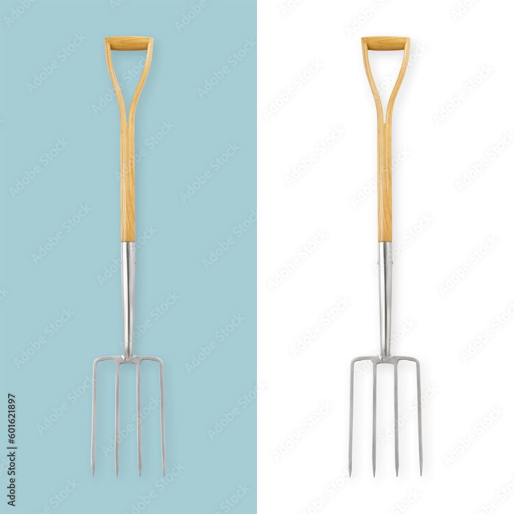 Wall mural gardening tool. stainless steel border digging fork with wooden handle for home or vegetable garden.