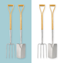 Gardening tools. Stainless steel spade and digging fork with wooden handle, vegetable garden work. Planting Equipment, spring time concept. Top view isolated on white and light blue background