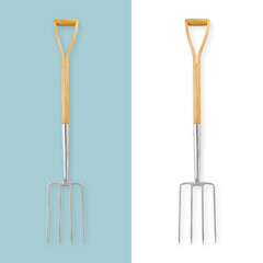 Gardening tool. Stainless steel border digging fork with wooden handle for home or vegetable garden. Equipment for lawn care spring time concept. Top view isolated on white and light blue background