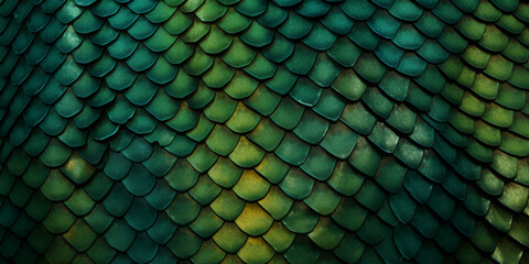 Dragon scale texture. Dragon, dinosaur skin background. Squama of fish, mermaid, reptile or fantasy monster. Monster leather background. Green fantasy pattern. Generated by artificial intelligence