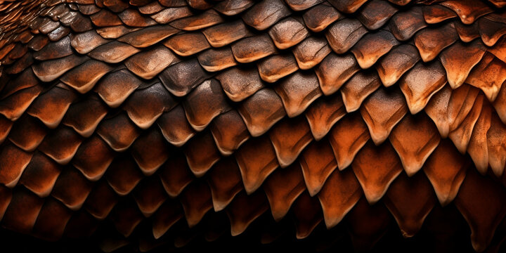 Dragon scale texture. Dragon, dinosaur skin background. Squama of fish, mermaid, reptile or fantasy monster. Monster leather background. Abstract fantasy pattern. Generated by artificial intelligence