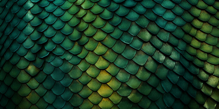 Dragon scale texture. Dragon, dinosaur skin background. Squama of fish, mermaid, reptile or fantasy monster. Monster leather background. Green fantasy pattern. Generated by artificial intelligence © Rizzolatti