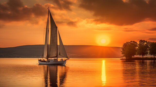 Stimmungsvolles Bild von einem Segelschiff vor Sonnenuntergang / Sonnenaufgang