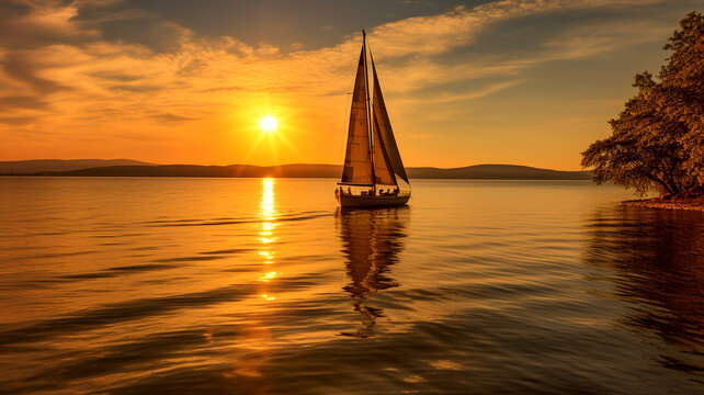 Stimmungsvolles Bild von einem Segelschiff vor goldenem Sonnenuntergang