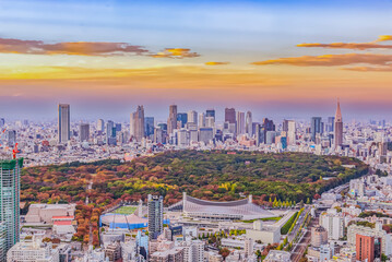 Scenic view of Tokyo Cityscape and Tokyo Dome at Sunset , Shinjuku District, Tokyo, Japan