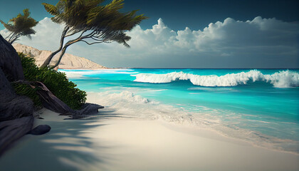 Elegant image of blue water and beach, This visual is fitting for your projects. Ocean seashore with waves on a tropical island Ai generated image 
