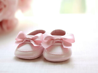 Fototapeta na wymiar baby shoes on pink background