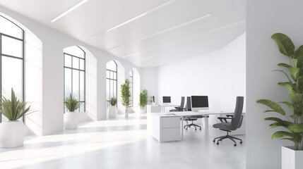 White open space office interior, mock up wall. Generative AI