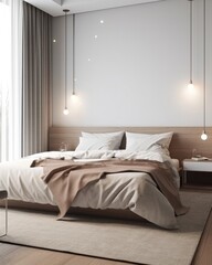 Fototapeta na wymiar Light pillows adorn the Scandinavian minimalist style bed in the bedroom. (Generative AI)
