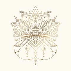 Golden lotus illustration in Indian style. Lotus mandala. yoga logo. Boho print, poster, t-shirt textile. Isolated outline vector illustration.
