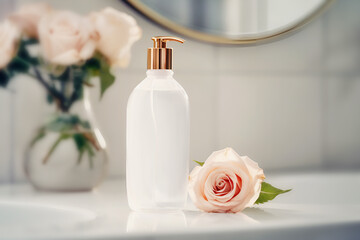 Obraz na płótnie Canvas Mock up of natural beauty product. White cosmetic dispenser bottle with gel or soap with beautiful rose on a light blurred bath interior background. Organic cosmetic product. Generative ai