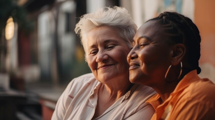 Fototapeta premium Old women lesbian couple. Black and Caucasian female in love. LGBT pride month celebration generative ai