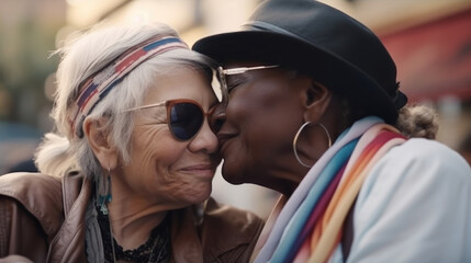 Old women lesbian couple. Black and Caucasian female in love. LGBT pride month celebration generative ai