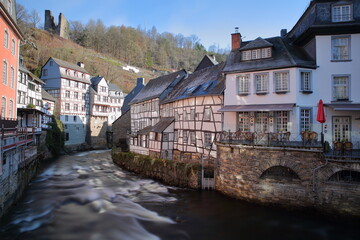 Fototapeta na wymiar The historical center of the medieval town of Monschau, North Rhine Westfalia, Germany, with half timbered houses along the Rur river
