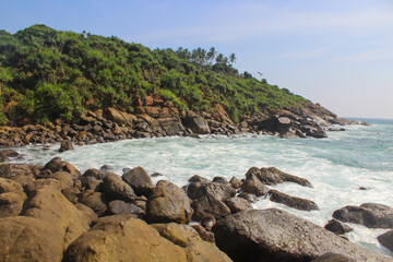 Fototapeta na wymiar The seashore of Unawatuna, Sri Lanka dotted with palm trees. Blue sky with copy space for text