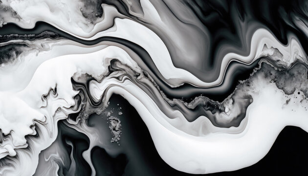 Paint Swirls in Beautiful Black and White colors, with White Particles. Modern Acrylic Pour Background. Generative AI.