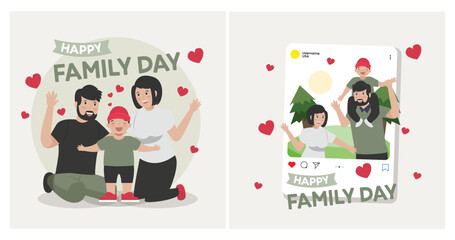 set of banner icons for International Day of Families decorated with heart shapes, flowers and with very happy father, mother and children gathered together on Love Wreath Background.