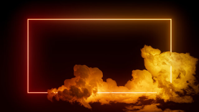 Futuristic Background Design. Cloud Formation with Orange and Yellow, Rectangle shaped Neon Frame.