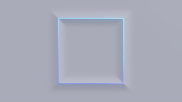 Minimalist Tech Background with Extruded Square and Blue Illuminated Edge. White Surface with Embossed 3D Shape. 3D Render.