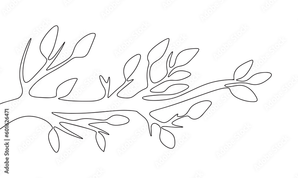 Poster tree branch with leaves. one line continuous branch and leaves. line art isolated branch. outline ve