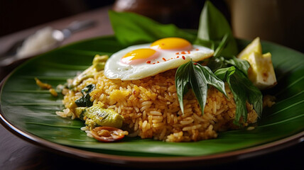 food photography of a fried rice with hot steam. in the fried rice. generative ai