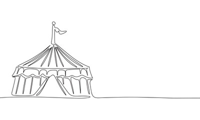 Big top circus. One line continuous circus tent. Line art tent for carnival. Outline vector illustration.